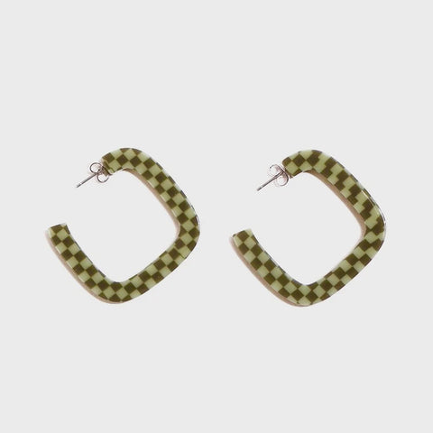 Hoop Earrings - Olive Checkers