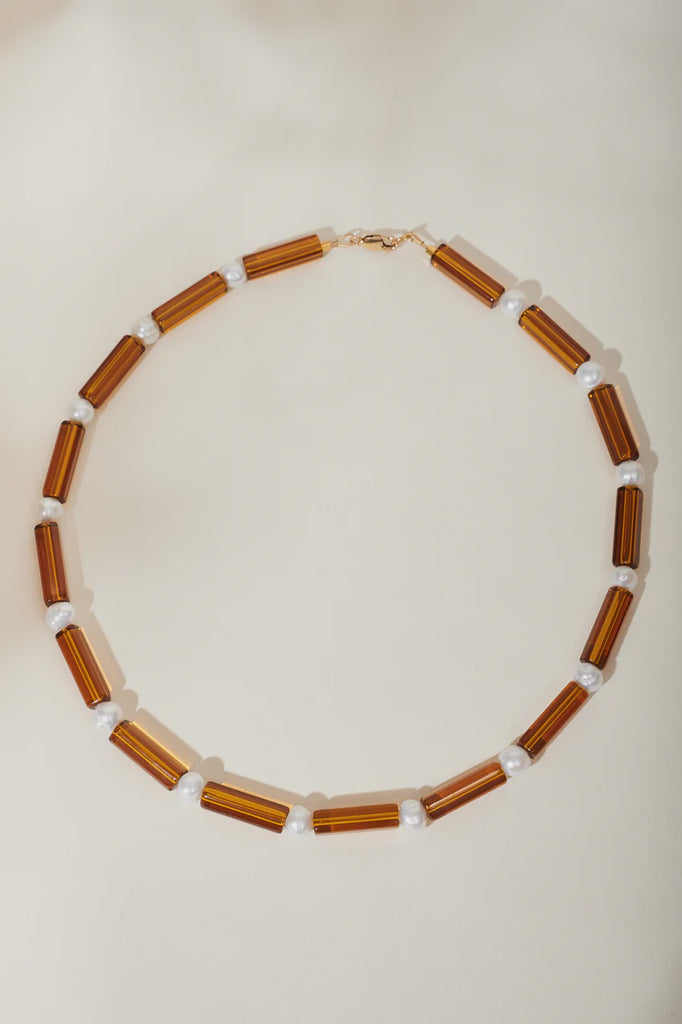 Glass Chunk Necklace - Light Amber & Freshwater Pearls
