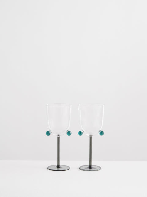 2 Pompom Wine Glasses - Smoke & Teal